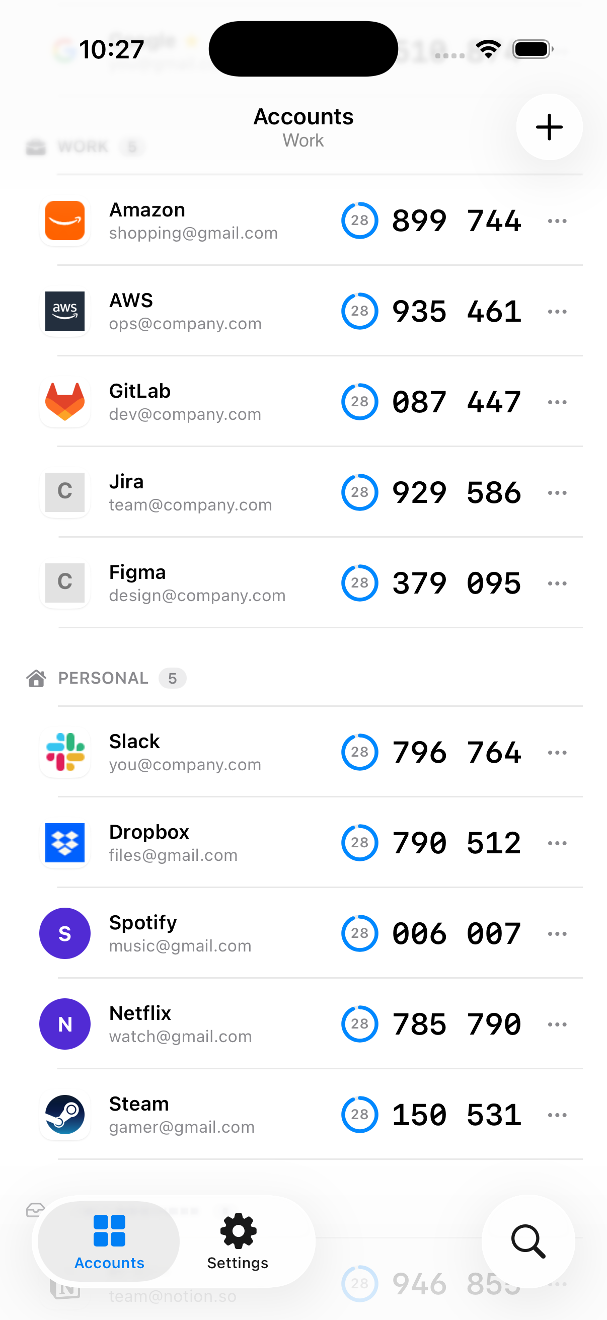 OTPeek iPhone folder view with Work and Personal accounts