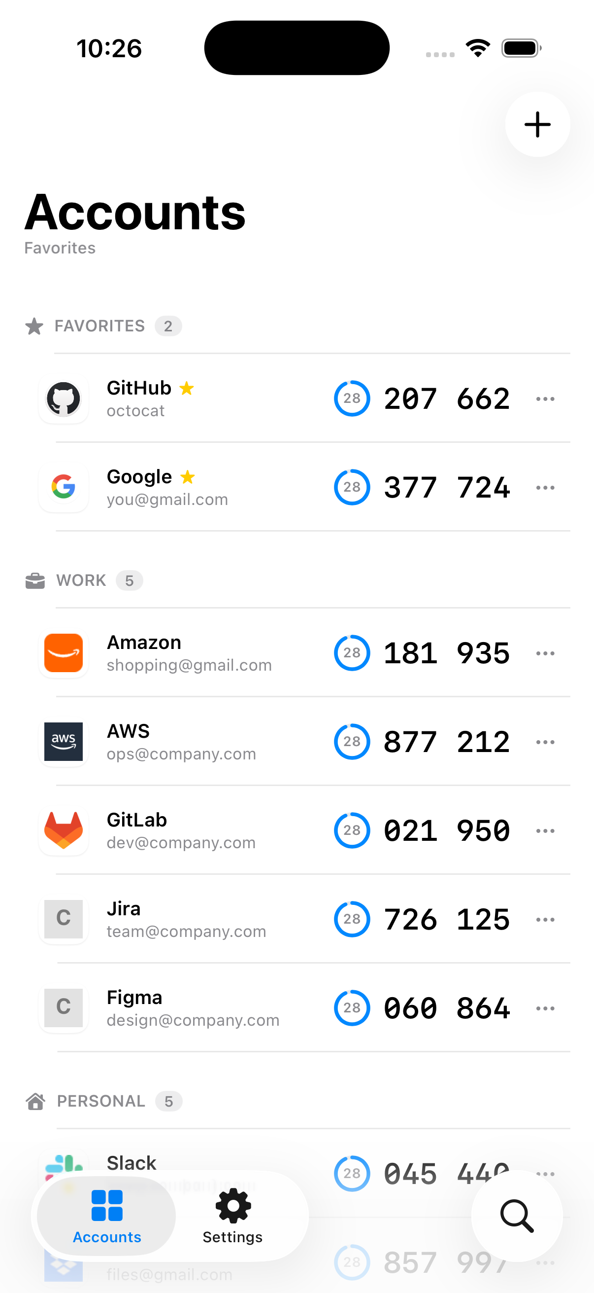 OTPeek iPhone account list with favorites and live codes
