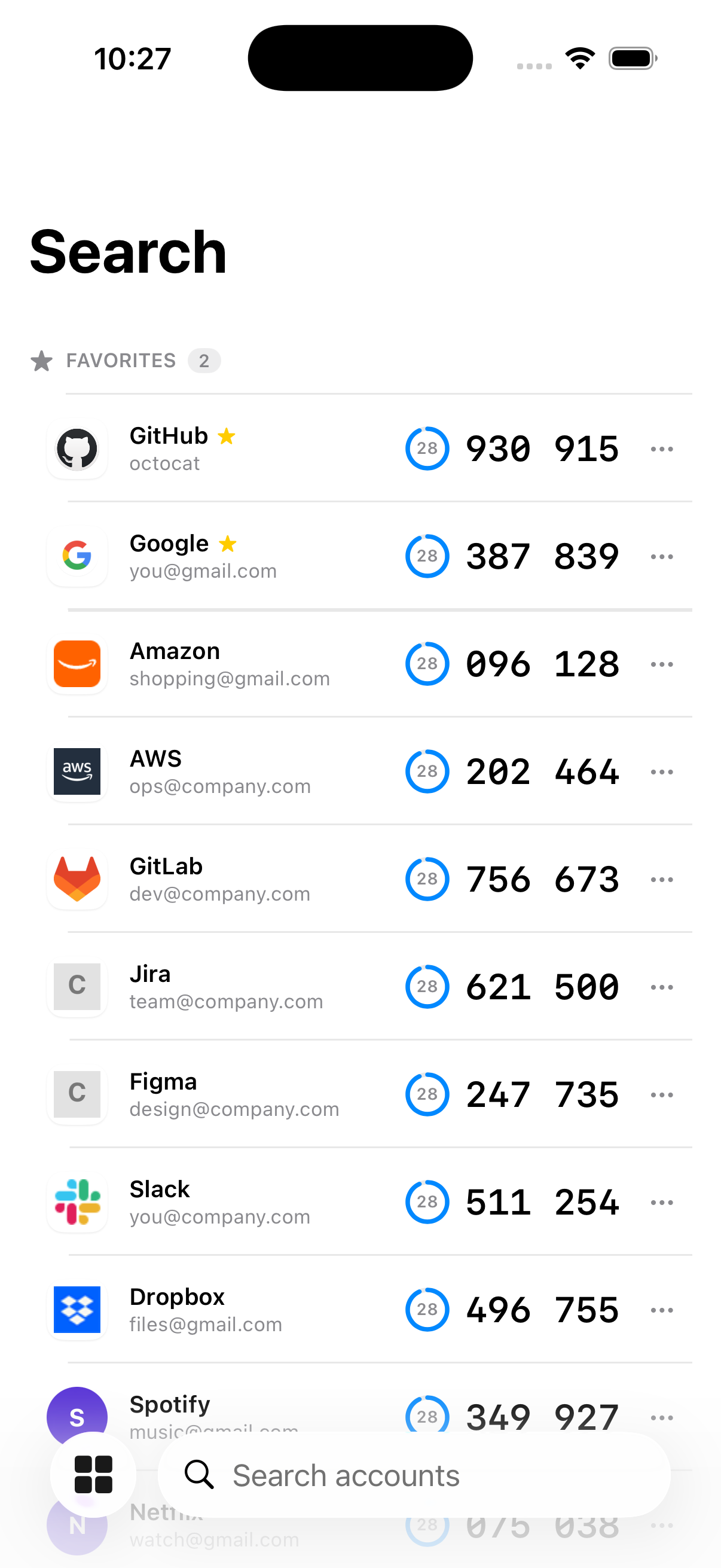 OTPeek iPhone search screen with instant account results