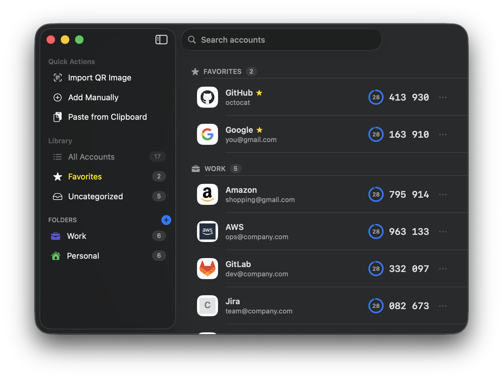 OTPeek on Mac with favorites, folders, quick actions, and live codes