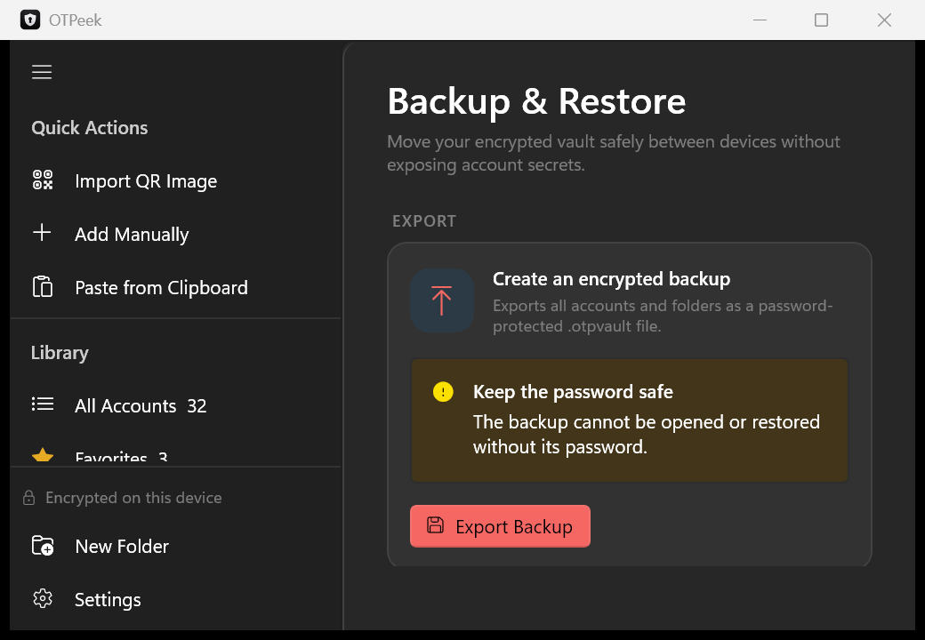 OTPeek for Windows showing the Backup and Restore screen