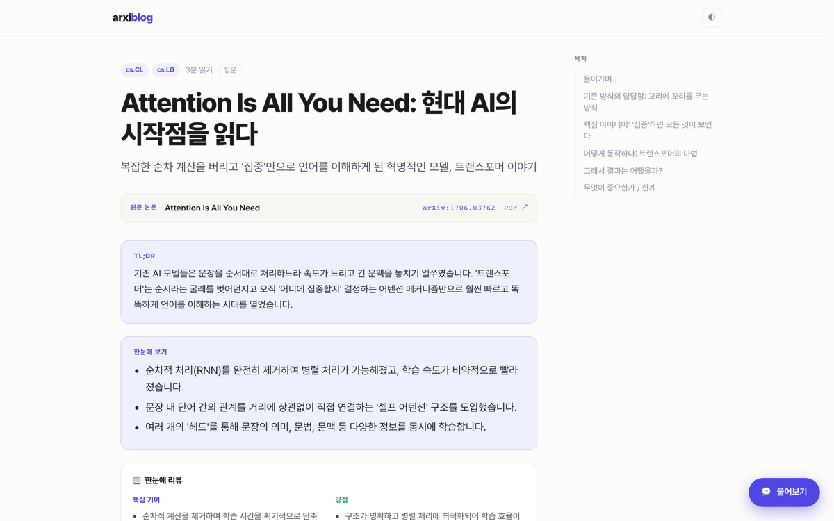 변환된 논문 글의 본문 화면. 흐르는 문단과 수식, 목차가 함께 보인다.