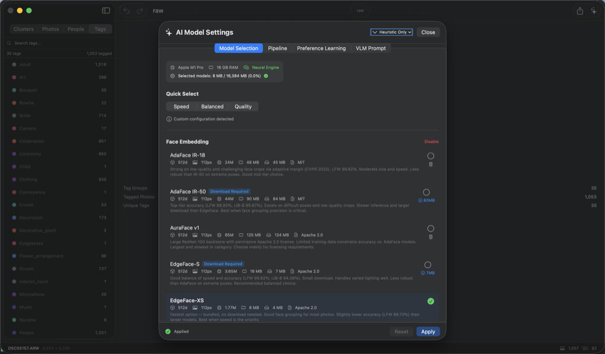 BurstPick의 AI Model Settings 패널. Face Embedding 카테고리에서 AdaFace IR-18/IR-50, AuraFace, EdgeFace 등 얼굴 임베딩 모델의 크기·라이선스·정확도를 비교하며 선택할 수 있고, Speed/Balanced/Quality 프리셋과 메모리 사용량이 표시된다.