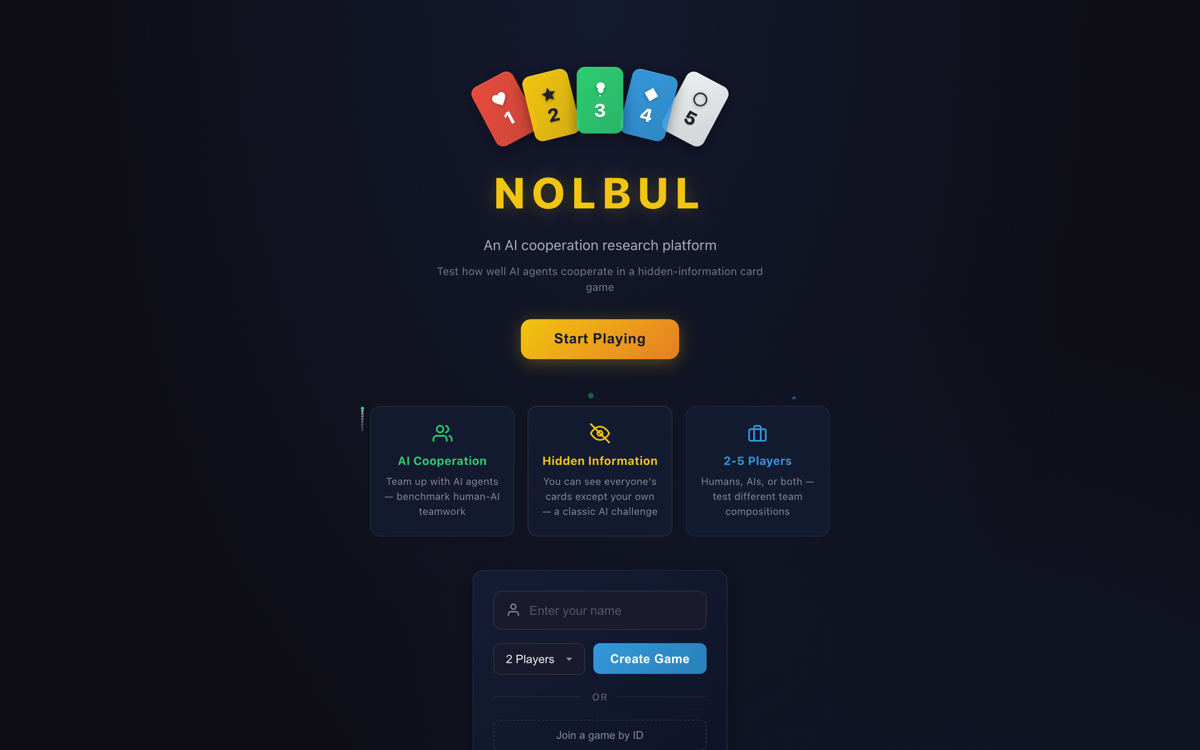 놀불 랜딩 화면. 1부터 5까지 다섯 색깔 카드가 부채꼴로 놓여 있고 그 아래 'NOLBUL'과 'An AI cooperation research platform'이라는 문구, 그리고 AI 협력·숨은 정보·2-5인용을 설명하는 세 카드가 보인다.