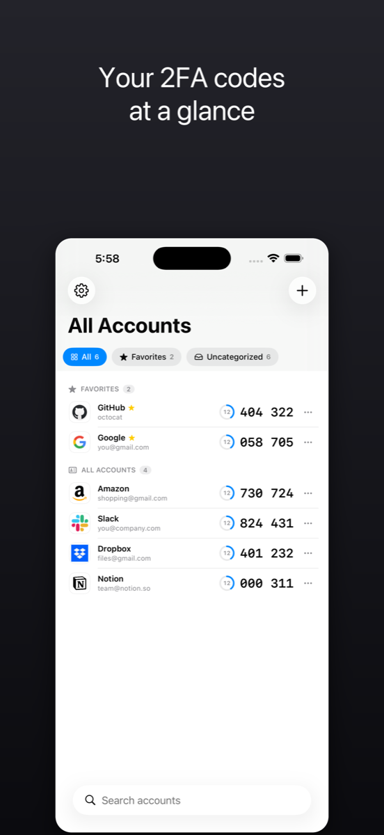 iOS 앱 화면. 데스크톱과 같은 계정 목록을 SwiftUI가 같은 Rust 코어를 호출해 그대로 보여준다