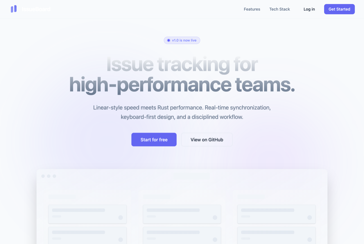 IssueBoard 랜딩 페이지 — 'v1.0 is now live' 배지와 'Issue tracking for high-performance teams' 헤드라인, 하단의 보드 UI 목업